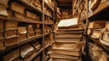 Obraz premium Ancient Books Fill Wooden Shelves In A Dusty Archive