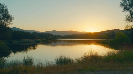 Fototapeta premium Serene Sunset Over Mountain Lake And Trees