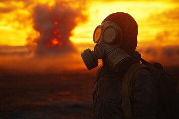 Fototapeta premium Wearing a gas mask, an individual remains motionless amidst a glowing orange sky caused by a distant nuclear explosion. The haunting atmosphere is intensified by the moody lighting of twilight
