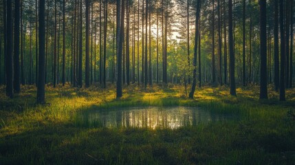 Tranquil Forest Pond Sunset Scene Illuminates Trees