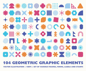 Set of 104 retro geometric shapes set. Brutalist style abstract elements. Vector illustration