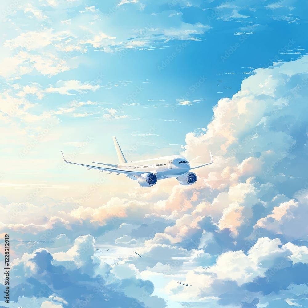 Poster airplane soaring through breathtaking clouds in a serene blue sky during daylight hours. generative 