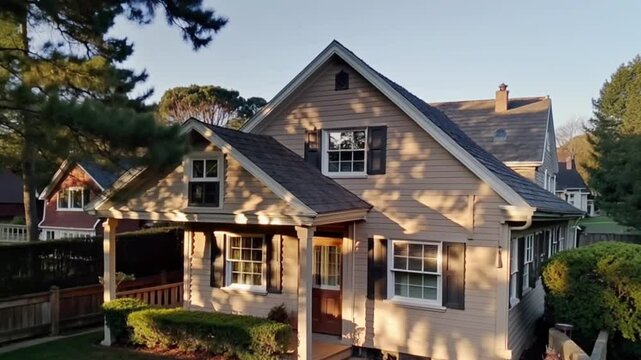 The soft morning light casting long shadows across the facade of a beige Craftsman house, the neighborhood enveloped in silence.