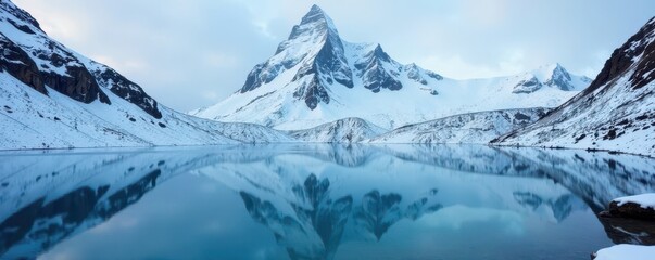 Obraz premium Reflection of Blue Spiti Valley lake on a snow covered peak, snowy landscape, serene atmosphere, mountain reflection