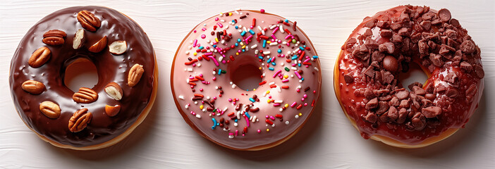  glazed doughnuts on a white background. Top view.