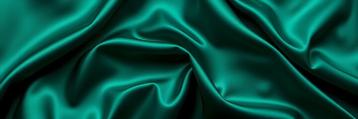 Fototapeta premium High-resolution stock photo Wide banner, top-view flat lay of dark green silk satin with soft folds. 