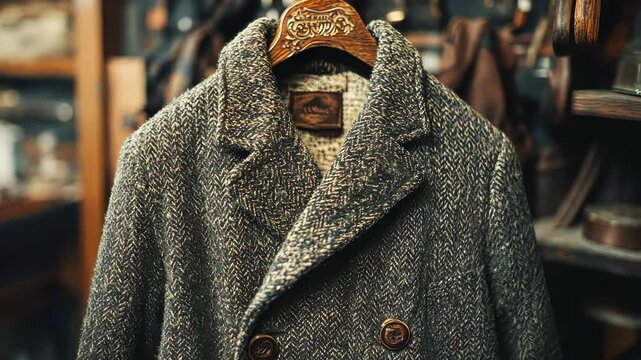 Stylish tweed coat displayed in vintage boutique showcasing cozy winter fashion