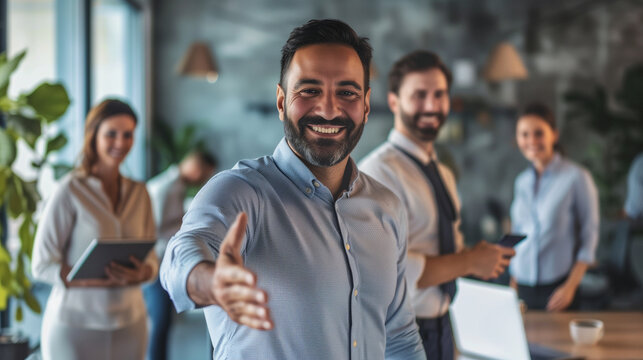swarthy businessman extends his hand for a greeting in a workspace surrounded by colleagues.