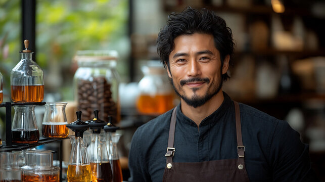 Barista Presenting New Coffee Flavors at a Cozy Cafe in the Afternoon Sunlight