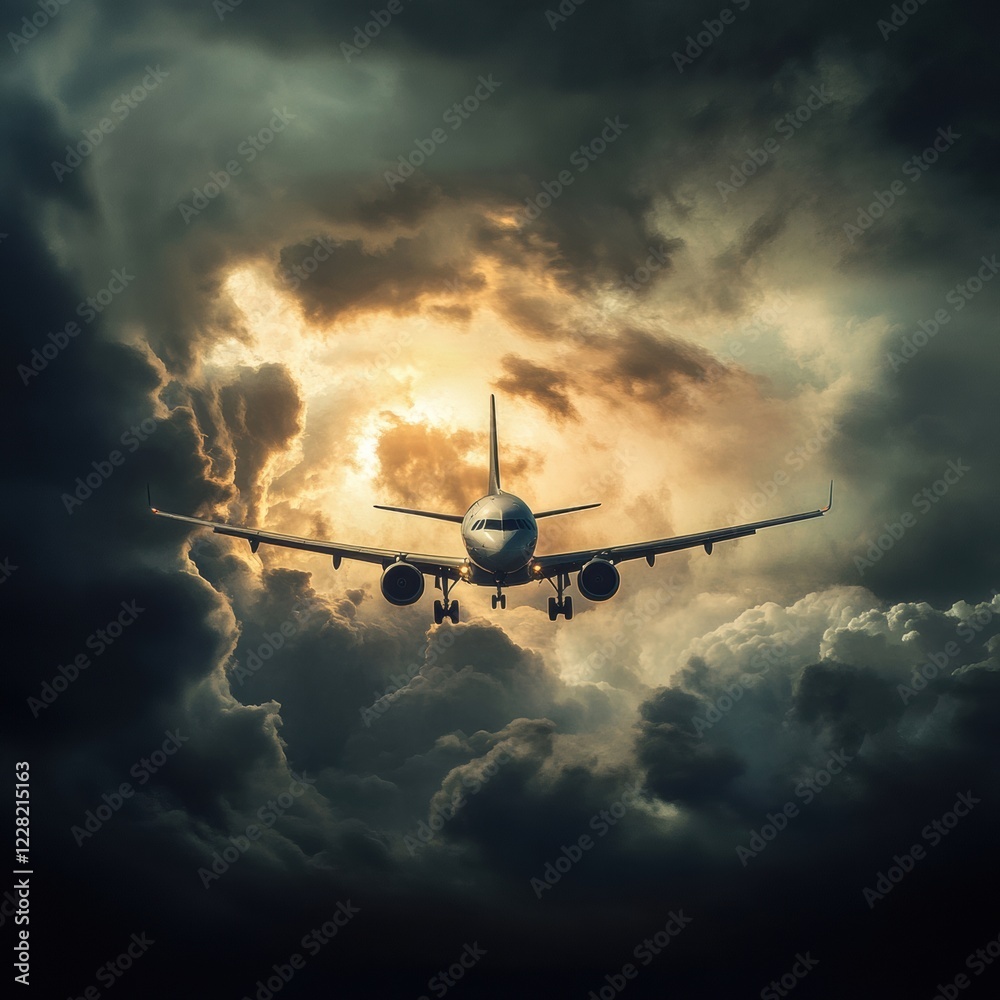 Poster airplane flying through dark clouds during a storm with a dramatic light effect above. generative ai