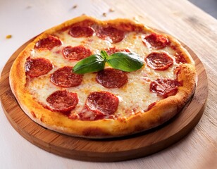 A freshly baked pizza with melted cheese, pepperoni, and basil leaves, served on a wooden cutting board.