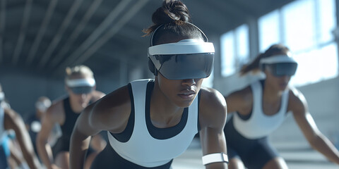 A group of athletes using advanced wearable technology during indoor training, showcasing innovation in sports performance, fitness tracking, and modern athletic advancements.