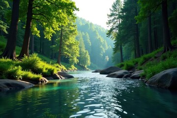 Obraz premium Serene river flowing through a lush forest with tall trees, natural, landscape, water