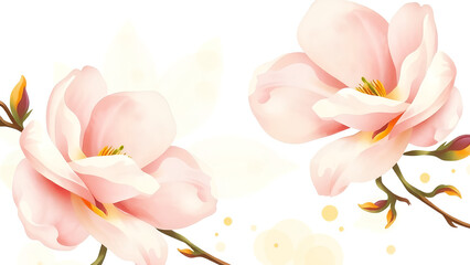 A delicate watercolor painting of magnolia flowers in soft blush pink and warm ivory, with gentle washes of pastel green and gold accents.