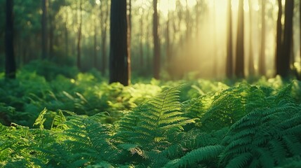 Sunlit Ferns in a Lush Green Forest