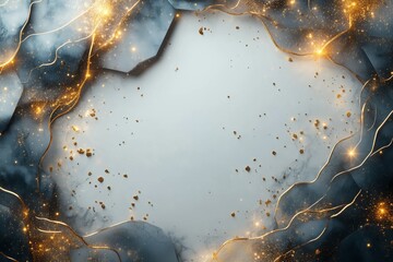 Golden lines and particles swirling around a light blue copy space with marble frame
