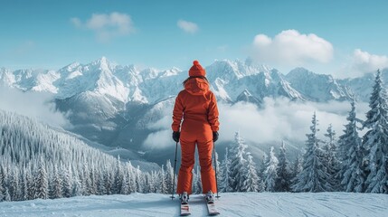 Skier standing at mountain top in ski resort.
