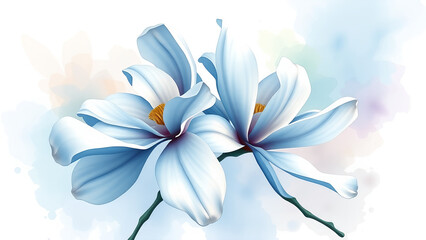 Naklejka premium A dreamy watercolor artwork of magnolia blossoms in icy blue and silver-gray, harmonized with delicate lilac undertone