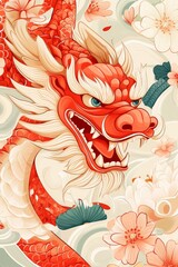 Obraz premium Fierce red dragon amidst delicate blossoms. A vibrant, detailed illustration.