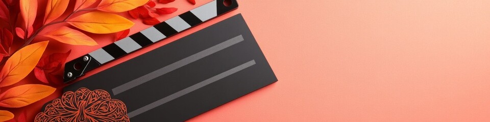 Film slate and autumn leaves on a coral background.  Ready for your next fall movie!