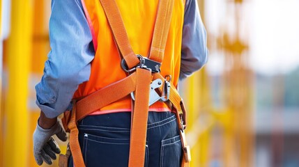 Worker Wearing Safety Harness and Orange Vest