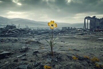 A single wilted flower emerges from the barren landscape of radioactive ruins, surrounded by crumbling structures and desolation, symbolizing hope in a ruined world