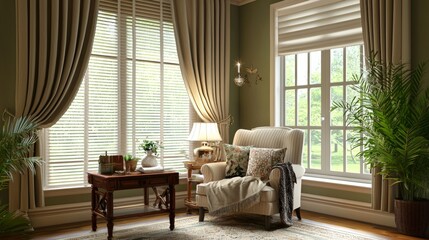 Fototapeta premium Cozy corner in a bright living room with natural light and elegant decor