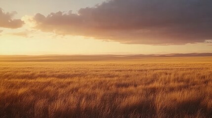 Golden Grasslands Sunset Landscape Under Cloudy Skies