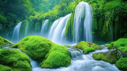 Obraz premium Lush green waterfall cascading over moss-covered rocks, misty forest background; nature scene