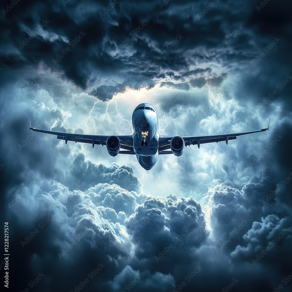 Aufkleber Airplane navigating through stormy clouds with lightning in the background during a turbulent flight. Generative AI