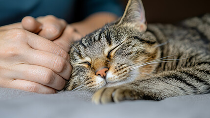 A therapist gently petting a calm tabby cat, creating a serene therapy environment 