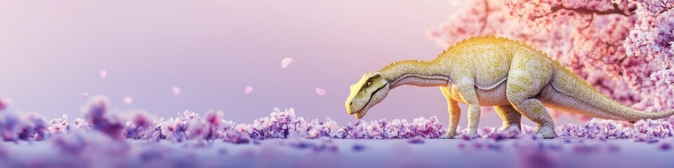 Fototapeta premium Gentle giant dinosaur among pink blossoms. Serene pastel scene.