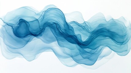 Fototapeta premium Fluid, flowing blue fabric drapes gracefully across a white surface creating an ethereal visual effect