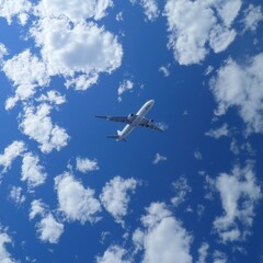 Obraz premium Airplane soaring through a clear blue sky dotted with white clouds during midday. Generative AI