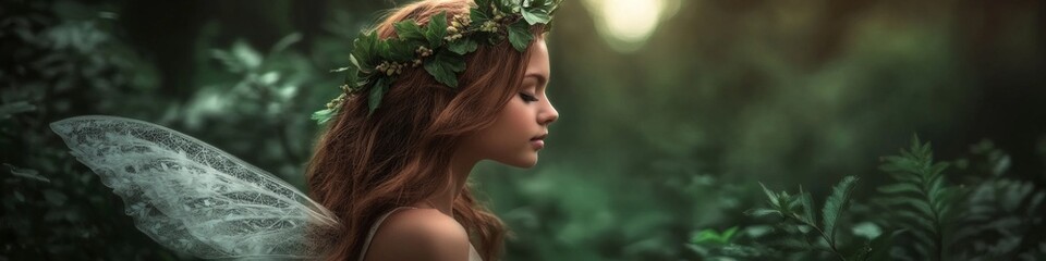 Naklejka premium Serene young woman with leaf crown and fairy wings in a lush forest. Mystical, ethereal beauty.