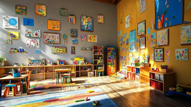 Sunlit classroom transforms as daylight shifts through large windows in a vibrant playroom