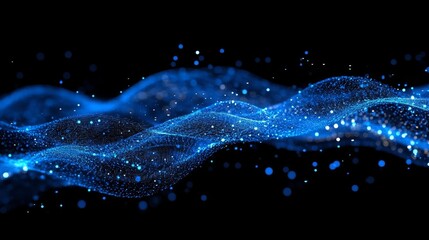 Flowing blue waves illuminated by particles against a dark background creating a stunning visual effect