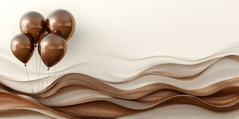 Mocha Mousse metallic heart balloons rising against a wavy abstract backdrop, offering romantic St. Valentine's Day elegance and a luxurious minimalist vibe with copy space.