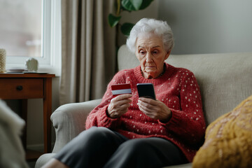 Elderly Woman Shopping Online with Credit Card.
