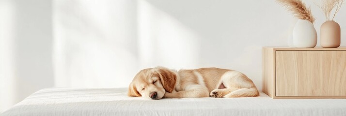 Adorable golden puppy sleeps peacefully on a soft bed in a bright, minimalist room.