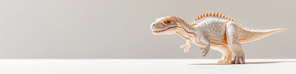 Beige dinosaur toy on white background. Prehistoric creature model.