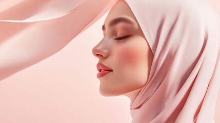 Naklejka premium Serene young woman in a pink hijab, eyes closed, bathed in soft light.