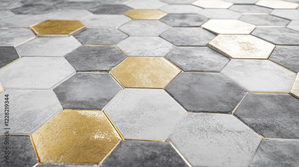 Poster Grey and Gold Hexagonal Tile Pattern Floor