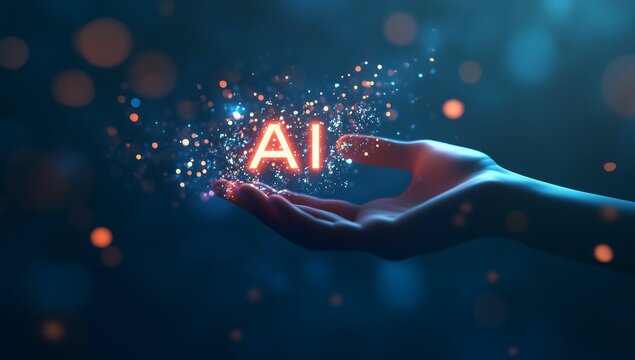 hand holding an AI hologram with the word "AI"
