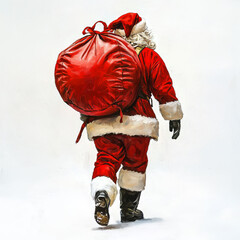 soft oil painting of the back of Santa walking forward, carrying the red delivery round backpack bag on his 