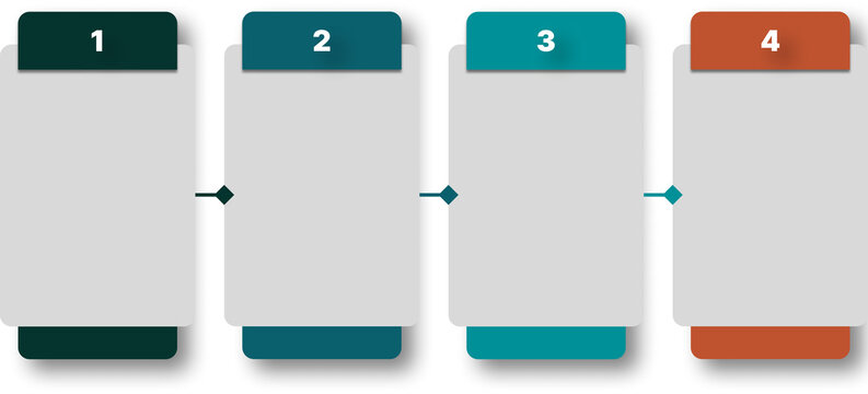 Set of boxes to organize presentation, horizontal flow, colorful, shades of green and orange flowchart, four phases.