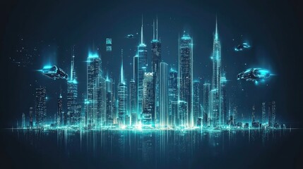 Fototapeta premium Futuristic Cityscape Flying Cars over Neon Skyline