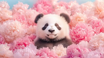 Adorable panda cub nestled among delicate pink peonies. Peaceful and serene.