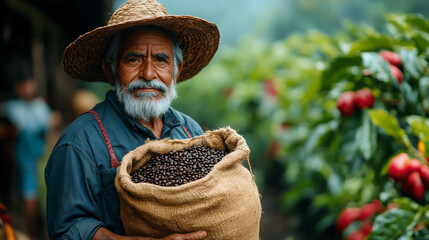 Fototapeta premium Farmer Proudly Showcases a Bag of Harvested Coffee Beans in Lush Plantation During Daylight