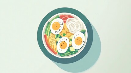 Fototapeta premium Colorful healthy bowl with egg, vegetables, and noodles, studio shot